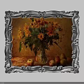 Oil Painting With Silver Carved Frame Featuring Yellow Flowers In Vase And Apples