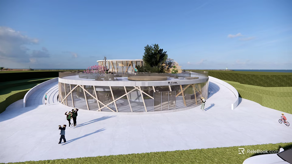 Modern Circular Building with Glass and Wooden Structure on Lawn by Blue Sky and Sea 3d model 