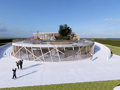 Modern Circular Building with Glass and Wooden Structure on Lawn by Blue Sky and Sea 3d model