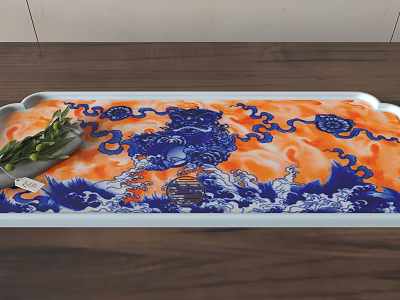 Chinese Tea Set Tray With Blue Orange Dragon Cloud Wave Patterns And Green Plants 3d model