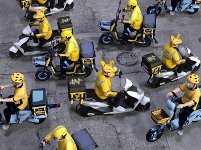 Group of Delivery Riders in Yellow Uniforms and Helmets on Electric Scooters 3d model
