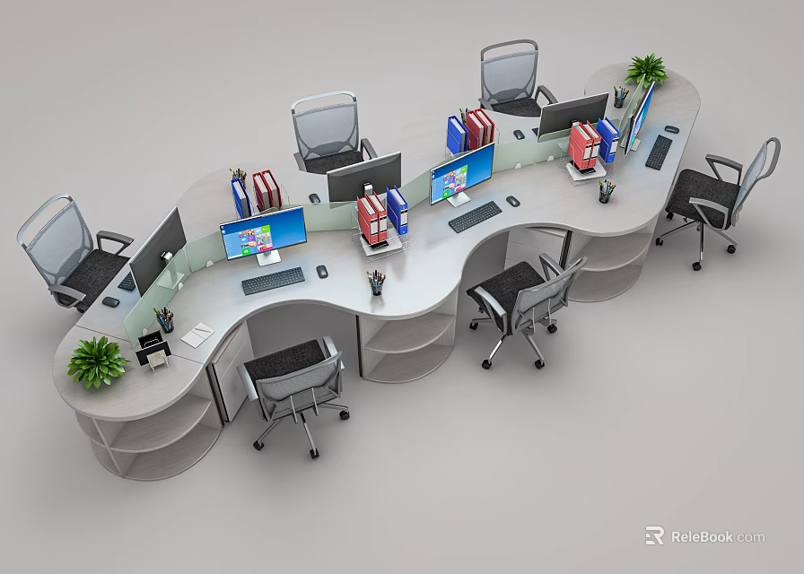 Modern Office Desk With Curved Layout Multiple Workstations Computer Monitors Office Chairs And Green Plants 3d model 