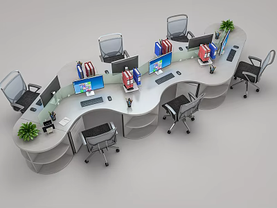 Modern Office Desk With Curved Layout Multiple Workstations Computer Monitors Office Chairs And Green Plants 3d model