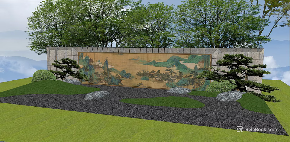 Traditional Chinese Garden Wall with Landscape Painting Design Surrounded by Trees Grass and Rocks 3d model 