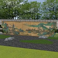 Traditional Chinese Garden Wall with Landscape Painting Design Surrounded by Trees Grass and Rocks