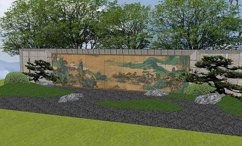 New Chinese style landscape wall with silk landscape wall 3d model