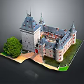 Historic Castle Architecture With Multiple Towers Spires Green Trees And Lush Lawn