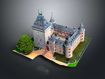Historic Castle Architecture With Multiple Towers Spires Green Trees And Lush Lawn 3d model