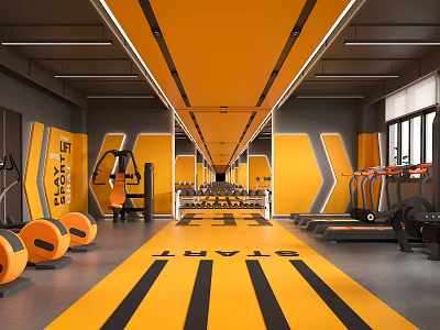 Modern Fitness Gym Interior With Yellow Gray Design Treadmills Dumbbells And START Mat 3d model