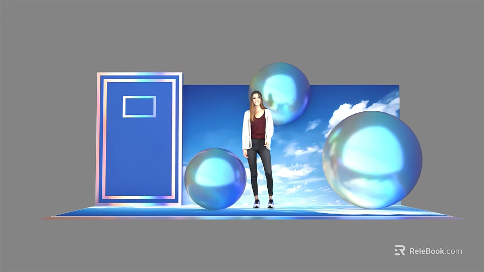 Popular Photo Spot With Blue Door Frame Transparent Spheres And Blue Sky Background 3d model 