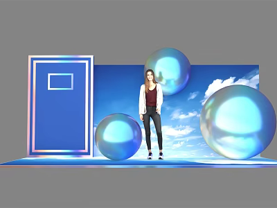 Popular Photo Spot With Blue Door Frame Transparent Spheres And Blue Sky Background 3d model