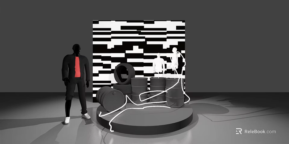 Stylish Photo Spot With Black White Striped Background Silhouette Figures Oil Drums And Circular Platform 3d model 