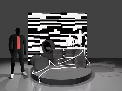 Stylish Photo Spot With Black White Striped Background Silhouette Figures Oil Drums And Circular Platform 3d model