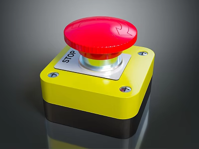 Red Emergency Stop Button Electrical Device With Yellow Base And STOP Label 3d model