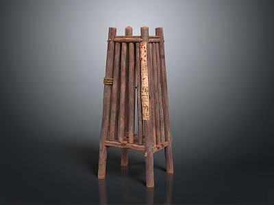 Traditional Handcrafted Wooden Rack With Vertical Slats Four Legged Base And Decorative Rope 3d model