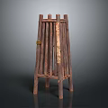 Traditional Handcrafted Wooden Rack With Vertical Slats Four Legged Base And Decorative Rope