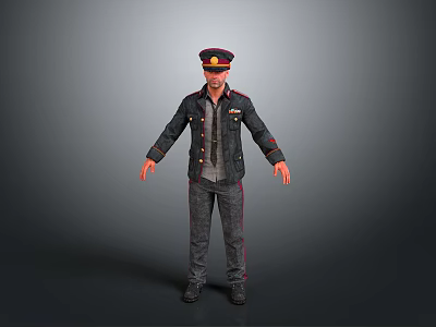 Man In Dark Uniform Jacket With Red Striped Pants And Cap Standing Pose 3d model