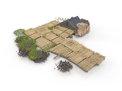 Modern Outdoor Campground Setup With Wooden Plank Platform Tent Hay Bales And Green Plants 3d model