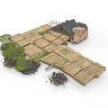 Modern Outdoor Campground Setup With Wooden Plank Platform Tent Hay Bales And Green Plants
