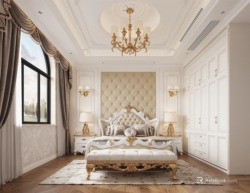 Luxurious Bedroom Interior Design With Golden Bed Frame Tufted Headboard And Chandelier 3d model 