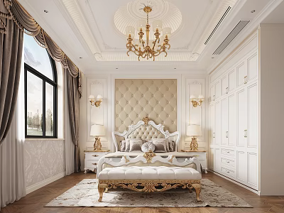 Luxurious Bedroom Interior Design With Golden Bed Frame Tufted Headboard And Chandelier 3d model