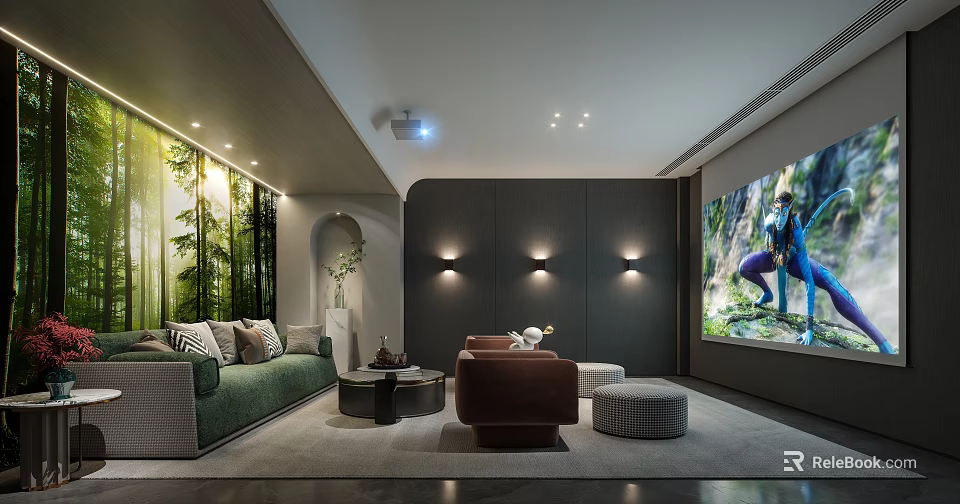 Modern Home Theater Interior With Large Screen Comfortable Sofa And Ambient Lighting 3d model 