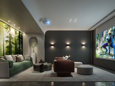 Modern Home Theater Interior With Large Screen Comfortable Sofa And Ambient Lighting 3d model