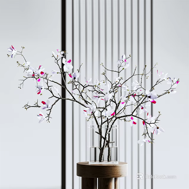 White and Pink Flower Branches in Transparent Glass Vase with Vertical Stripes Background 3d model 