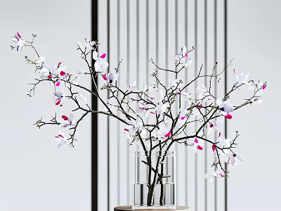 White and Pink Flower Branches in Transparent Glass Vase with Vertical Stripes Background 3d model
