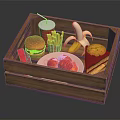 Food Assortment in Wooden Tray With Hamburger French Fries Soda Banana Cake Strawberry and Tomato