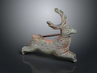 Ancient Bronze Deer Sculpture in Running Posture With Intricate Patterns and Green Patina 3d model