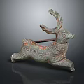 Ancient Bronze Deer Sculpture in Running Posture With Intricate Patterns and Green Patina