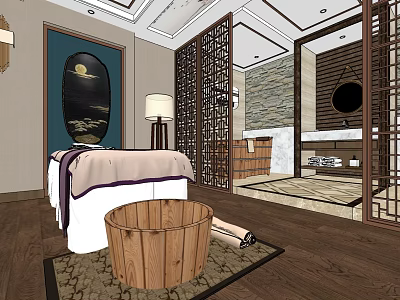 Spa Sauna Interior With Massage Bed Wooden Barrel And Decorative Screen 3d model