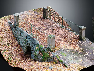 Stone Arch Bridge Structure With Metal Railings Stone Pillars And Fallen Leaves 3d model