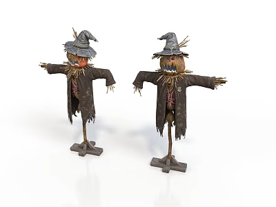 Decorative Scarecrow Figurines With Pointed Hats Tattered Coats And Straw Details For Outdoor Use 3d model