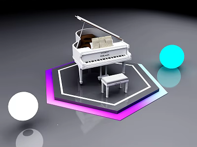 White Grand Piano Stool On Hexagonal Platform With Blue White Spheres Purple Pink Edges 3d model