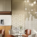 Modern Showroom Interior With Wooden Cabinets Marble Walls Display Tables And TV Screen