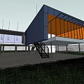 Modern Detached Villa with Blue Facade Large Glass Windows and Contemporary Design