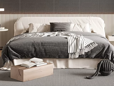 Double Bed With Grey White Quilt Striped Throw Blanket Wooden Box And Striped Rug 3d model