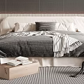 Double Bed With Grey White Quilt Striped Throw Blanket Wooden Box And Striped Rug