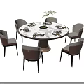 Elegant Modern Round Dining Table Set With Six Upholstered Chairs And Marble Top 3d model
