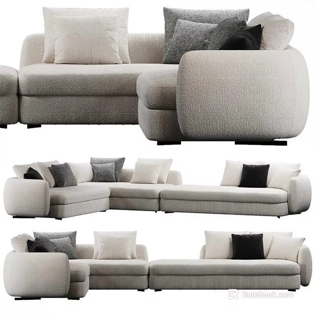 Modern Sectional Sofa With Gray Black White Pillows And Fabric Upholstery 3d model 
