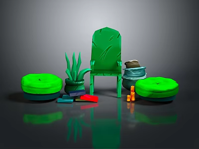 Green Chair With Round Cushions Potted Plant Clay Pot Colorful Blocks And Orange Cylinders Scene 3d model