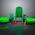 Green Chair With Round Cushions Potted Plant Clay Pot Colorful Blocks And Orange Cylinders Scene