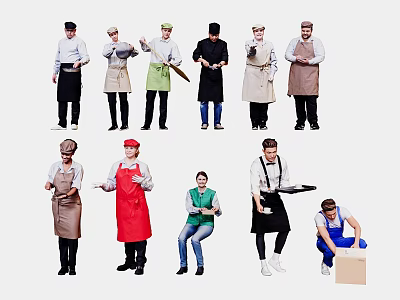 Group of Kitchen Staff in Different Aprons and Chef Hats with Various Poses 3d model