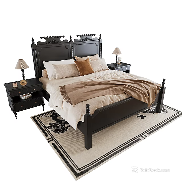 Black Carved Headboard Double Bed With Beige Brown Bedding Nightstands Lamps And Patterned Rug 3d model 