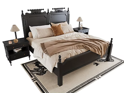 Black Carved Headboard Double Bed With Beige Brown Bedding Nightstands Lamps And Patterned Rug 3d model