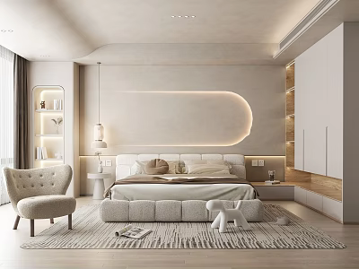 Modern Minimalist Bedroom Interior With Curved Headboard Soft Lighting Carpet And Armchair 3d model