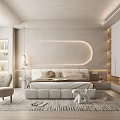 Modern Minimalist Bedroom Interior With Curved Headboard Soft Lighting Carpet And Armchair