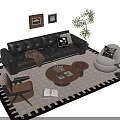 Modern Sofa Coffee Table Set With Black Leather Sofa Round Table Rug Plant And Pillows